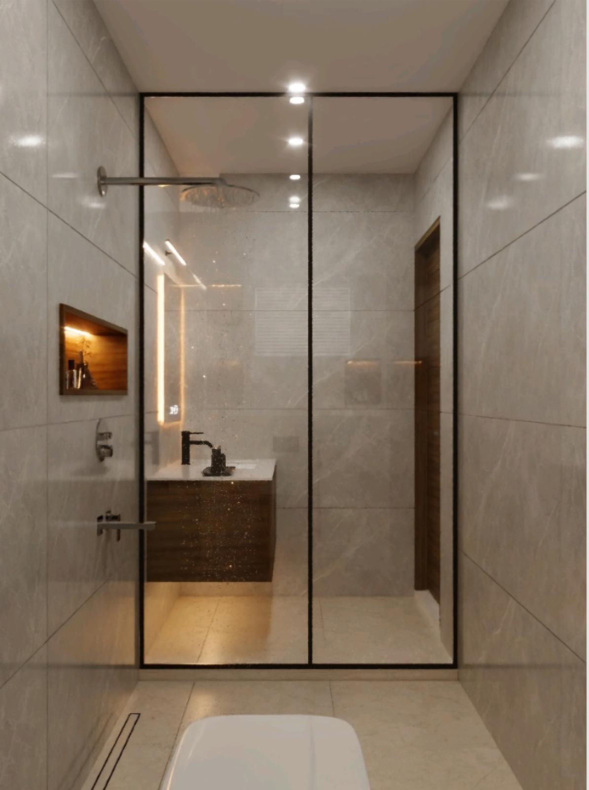 Bathroom with black-framed glass shower partition