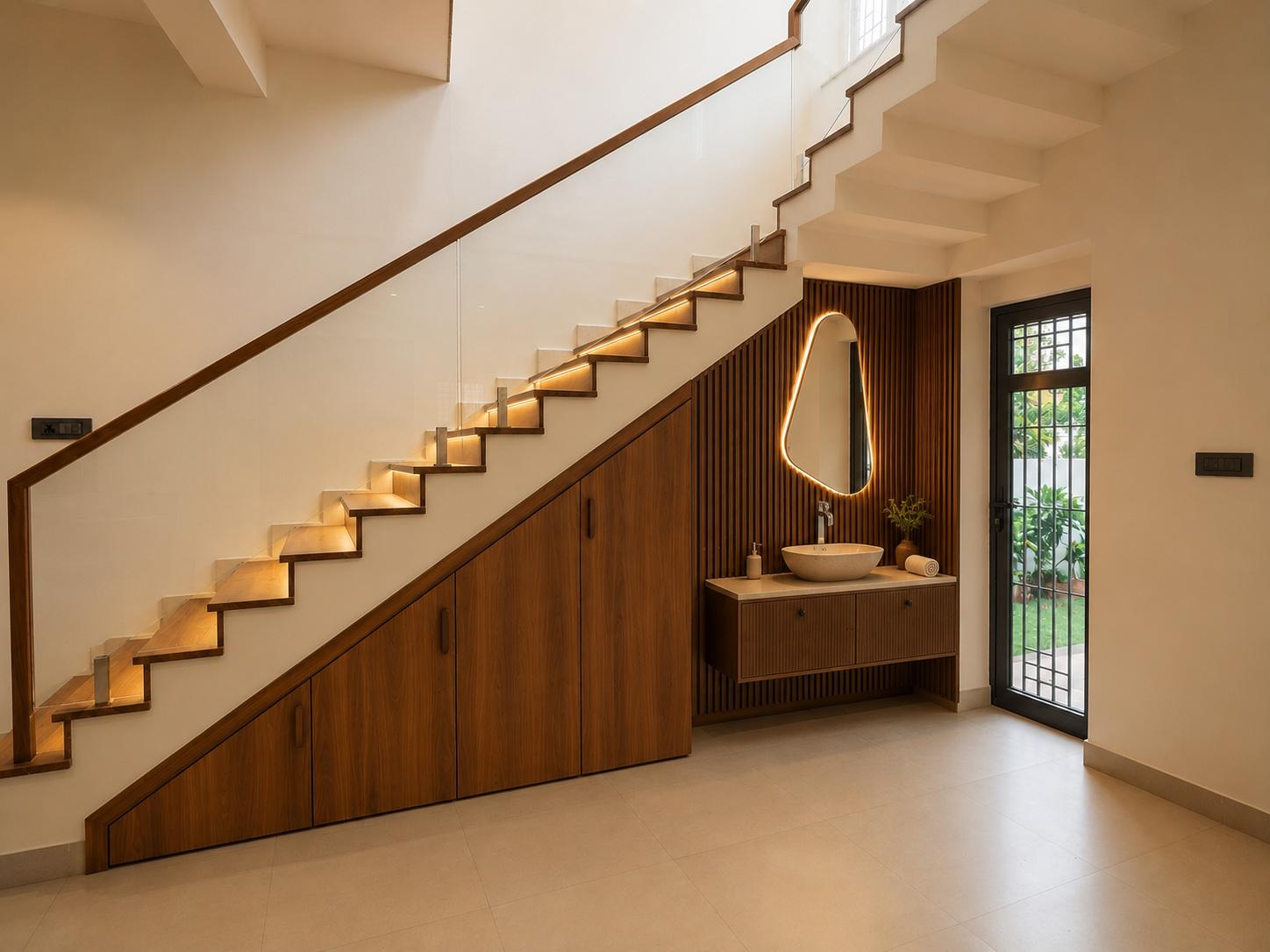 Staircase with Storage and Wash Area